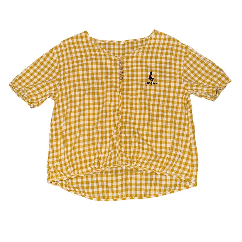 Embroidered Black Cat Gingham Seersucker Blouse‎ Mustard Yellow High-Low Top L